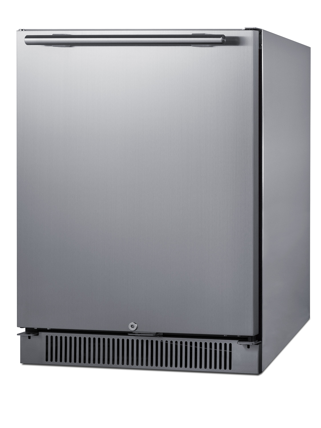 Outdoor all-refrigerator with stainless steel exterior, white interior digital thermostat, LED lighting, door storage, and lock